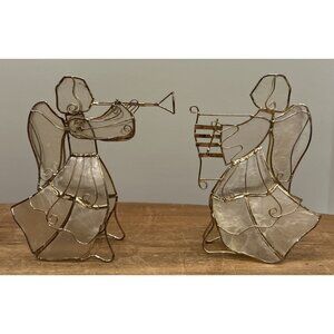 2 Capiz Shell Gold Wire Angels Instruments Ornaments Vintage Phillipines